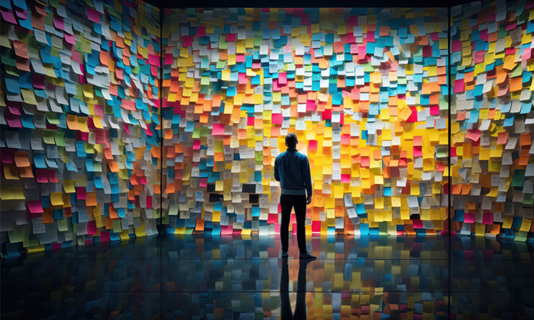 Man in a room surrounded by post-it notes