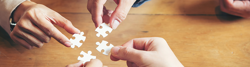 Four hands all holding a jigsaw piece