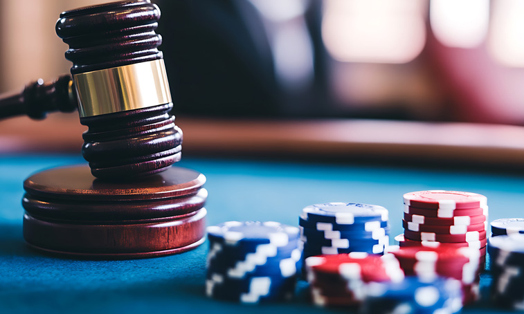 legal gavel on a gambling table, next to stacked gambling chips