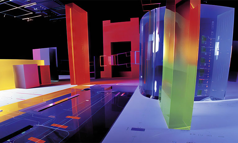 Colourful shapes in a room 