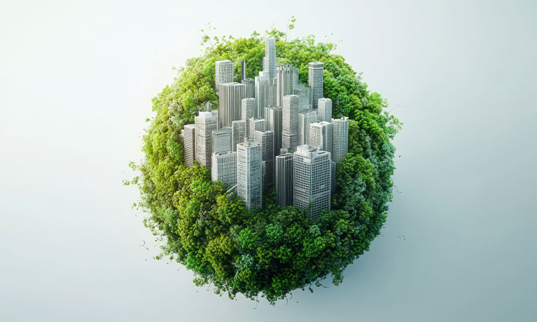 City nestled in a green globe
