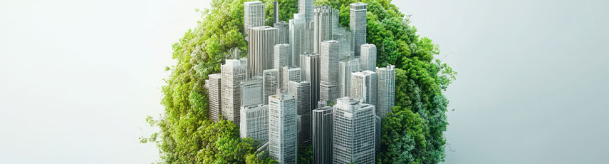 City nestled within a green sphere