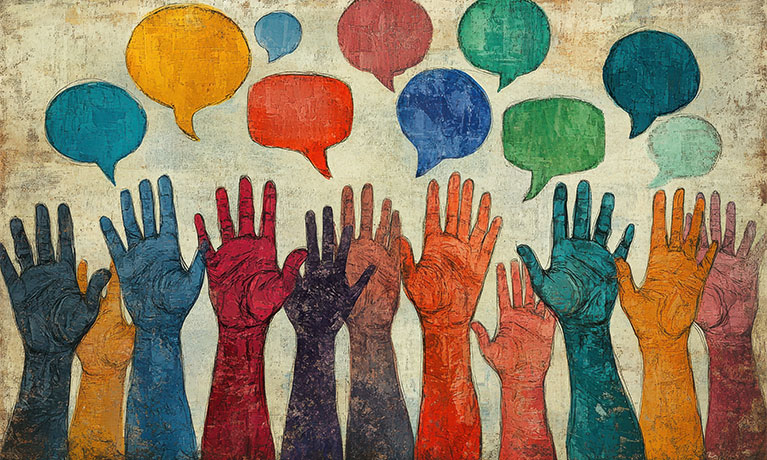 Colourful hands in the air 