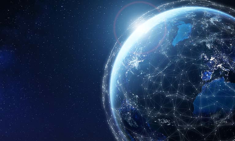 Global telecommunication network around the World with connections between data centres or satellites