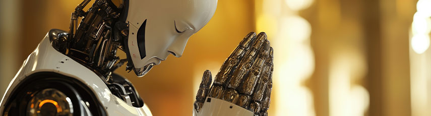 A white humanoid robot praying in front of a yellow futuristic background
