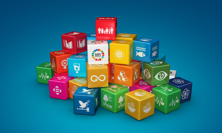 Colourful cubes covered in logos, piled up four high