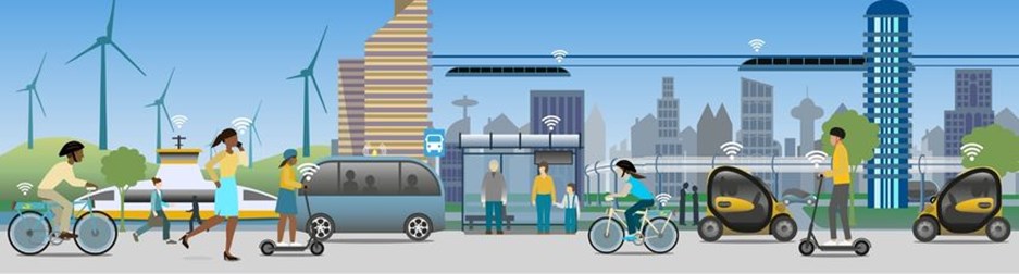 cartoon image of electric transport in a sustainable and IoT connected modern city view.