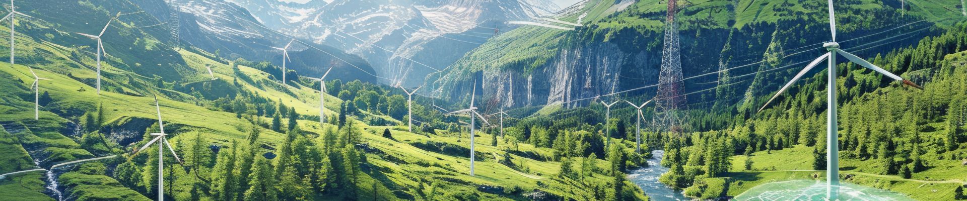 Green and blue panorama featuring river and windmills. Rural tranquillity concept