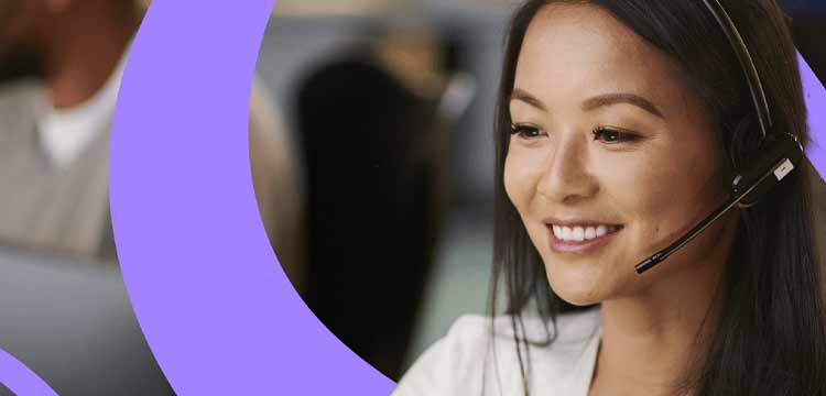 Smiling female wearing a headset with lavender colour swirl  in the background.