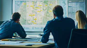 Three people looking at a map