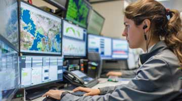 Woman looking at several monitors