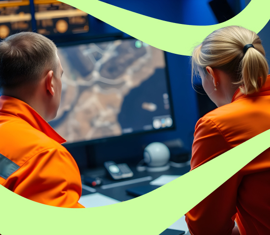 Two people in orange uniforms seated in a control room, viewing a large monitor with a map or satellite image.