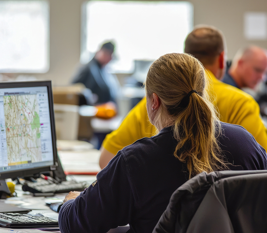 Person with a ponytail working at a computer displaying a map, in an office or control room with others in the background.
