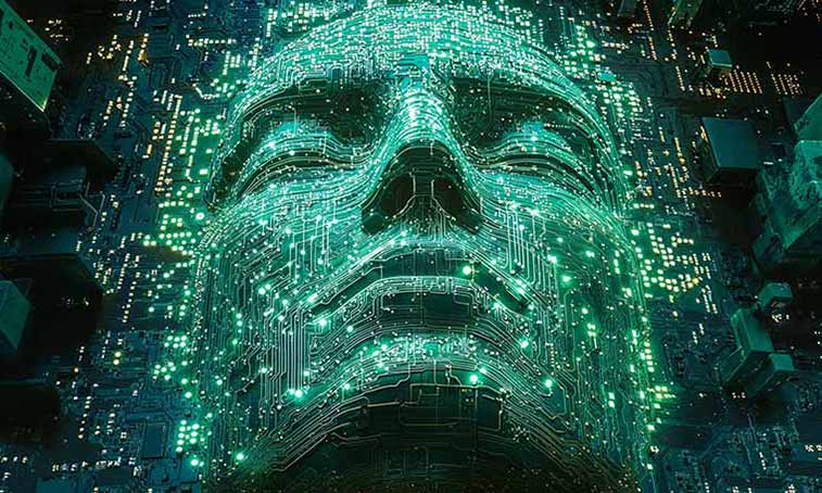 A robotic face with eyes closed