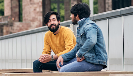 Students outside on camppus chatting
