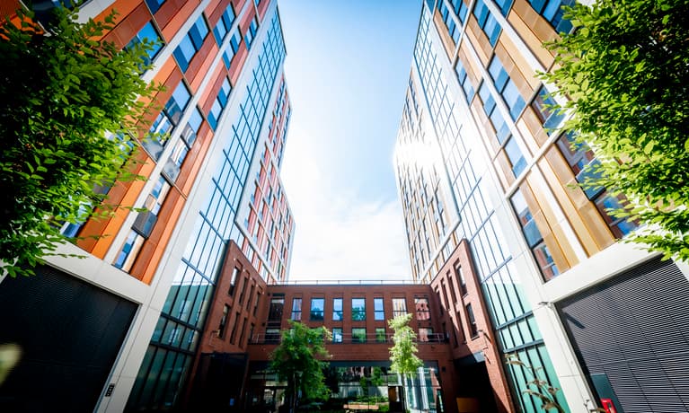 A photograph looking up at Bishopsgate university accommodation.
