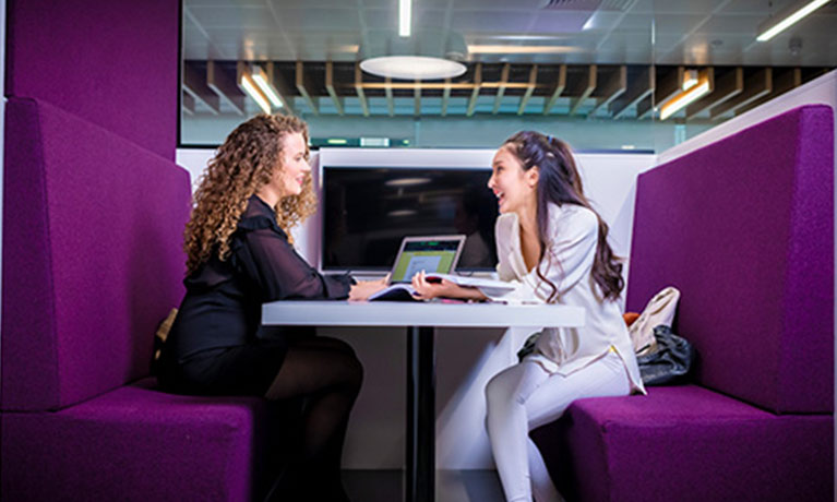 Two students working together in a study booth.