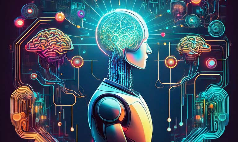 A graphics image of a robot and some brains and lines