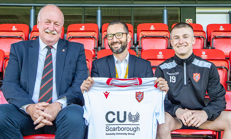 SAFC and CU Scarborough staff with the new kit