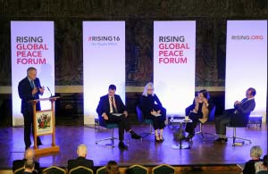 The RISING Global Peace Forum people sat on stage