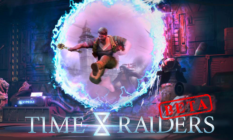 Graphic from Time Raiders game showing a man leaping through a portal