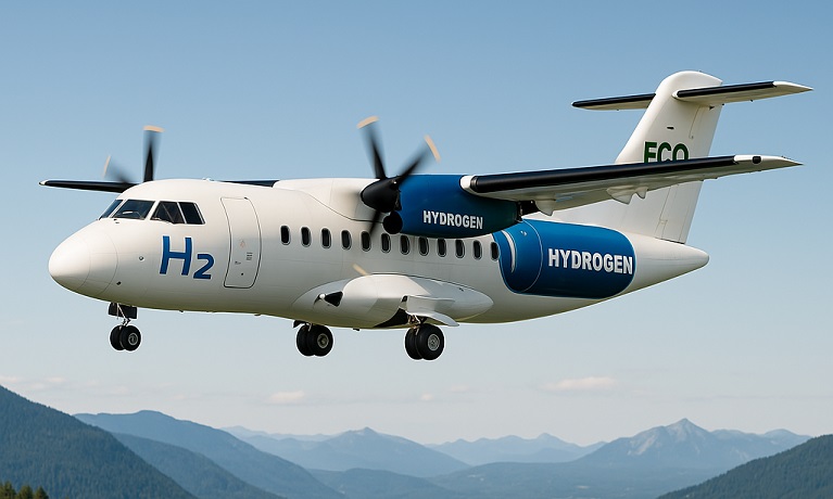 A white and blue plane seeing flying over a forest landscape