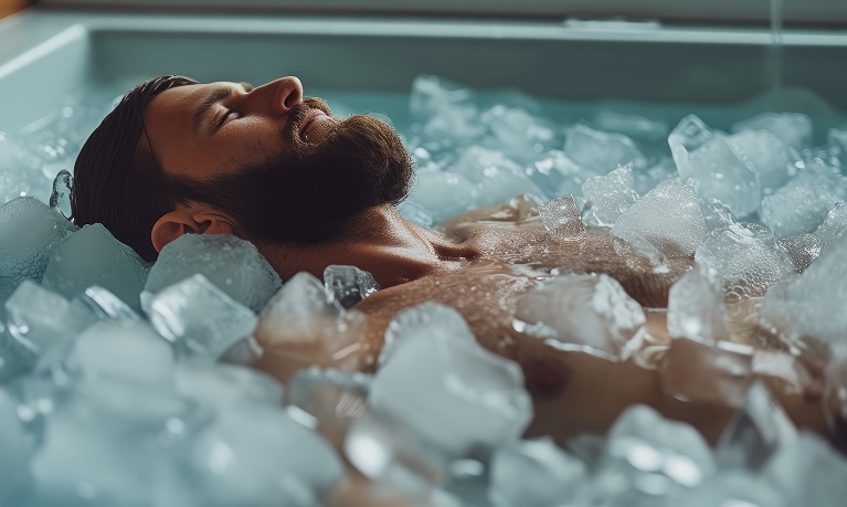 A man with his eyes closed lying on this back in an ice bath