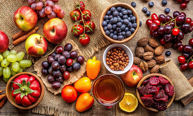 A table covered in fruit and nuts