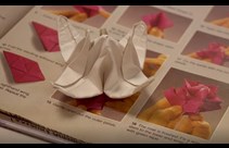 A still image from the film showing a paper flower resting on a book