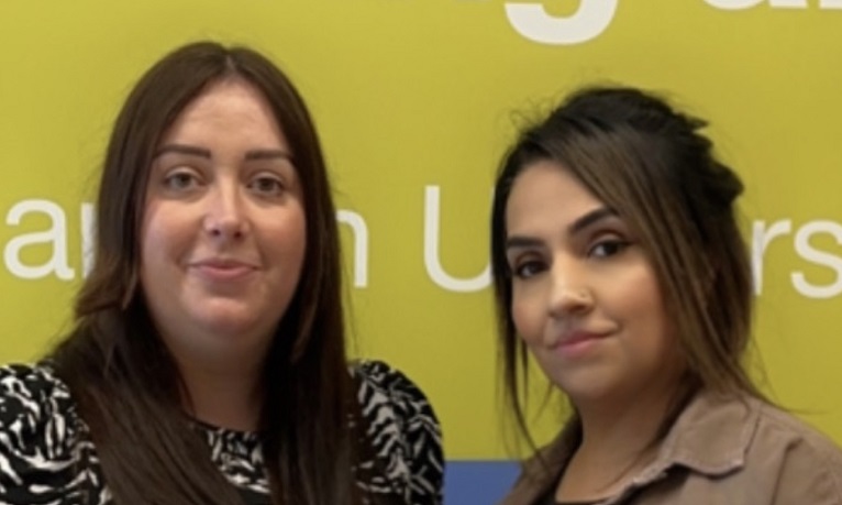 Head and shoulders shot of Hollie Sayers and Nadia Sarwar stood next to each other