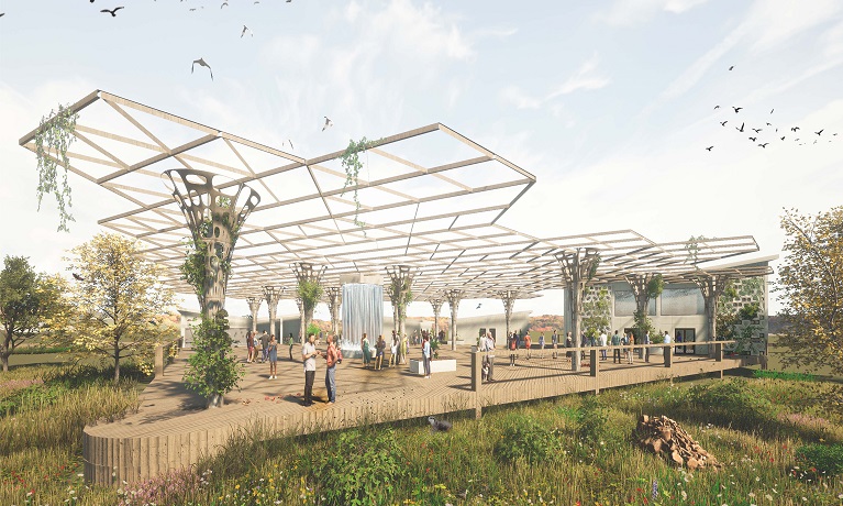 Artist's impression of the winning design shows a large decking area with a honeycomb-esque roof held up by wooden platforms all within a grassy area with birds flying overhead