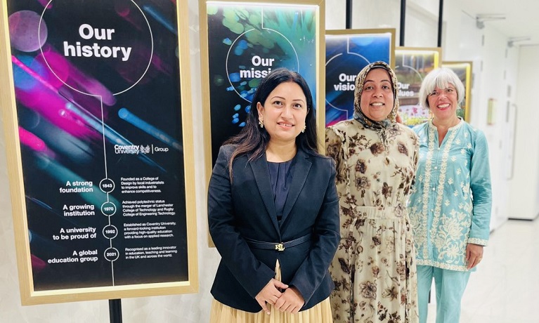 Leena Kukreja, Sariya Cheruvallil-Contractor and Elena Gaura infront of colourful posters at the Women in Science Leadership Programme launch event in India