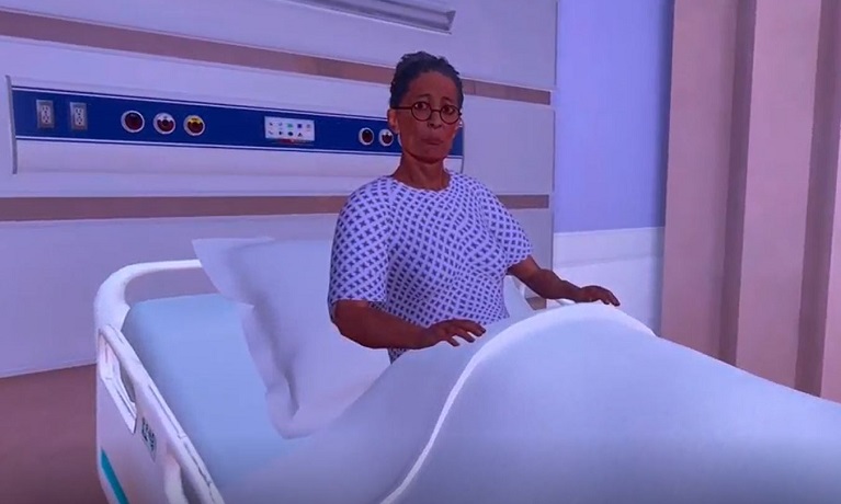 AI-generated virtual patient named 'Sarah' sitting in a hospital bed