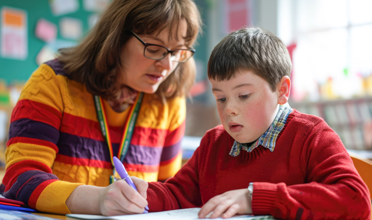 A teacher in a colourful jumper assisting a boy with Down syndrome in a red school uniform in a classroom.
