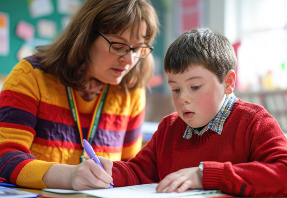 A teacher in a colourful jumper assisting a boy with Down syndrome in a red school uniform in a classroom.