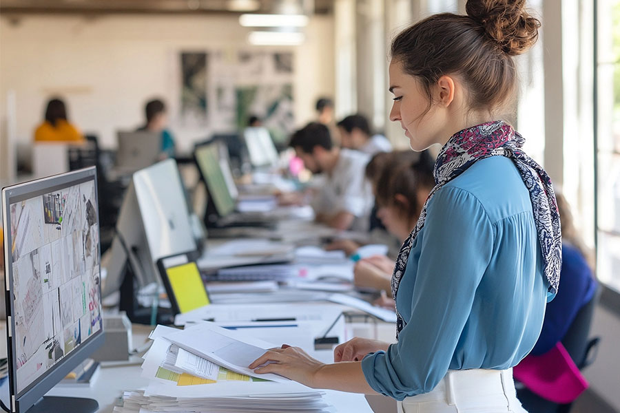 A student stood up at a computer working on a design project. 