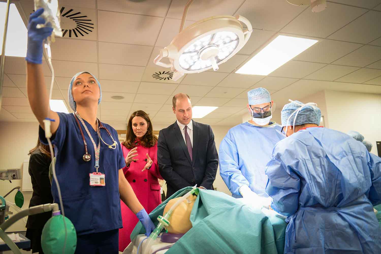 The Duke and Duchess of Cambridge visit the mock operating theatre.