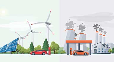 contrasting image with low carbon, electric charging on the right, and carbon use on the right