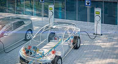 outlined car showing wires and linked to electric charging port